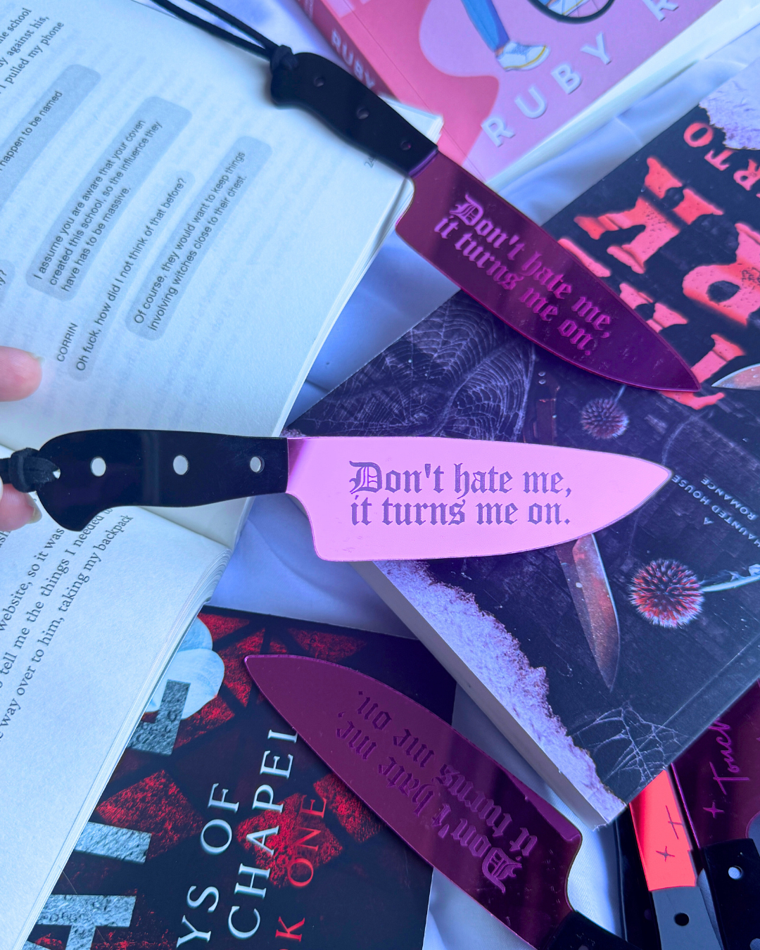 Don't Hate Me, Turns Me On - Pink Mirrored Knife Bookmark