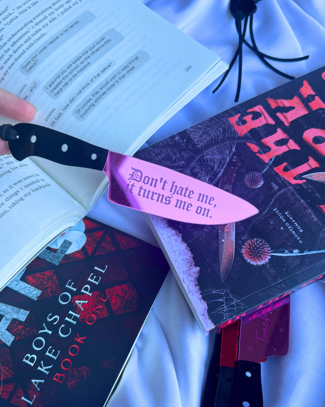 Don't Hate Me, Turns Me On - Pink Mirrored Knife Bookmark